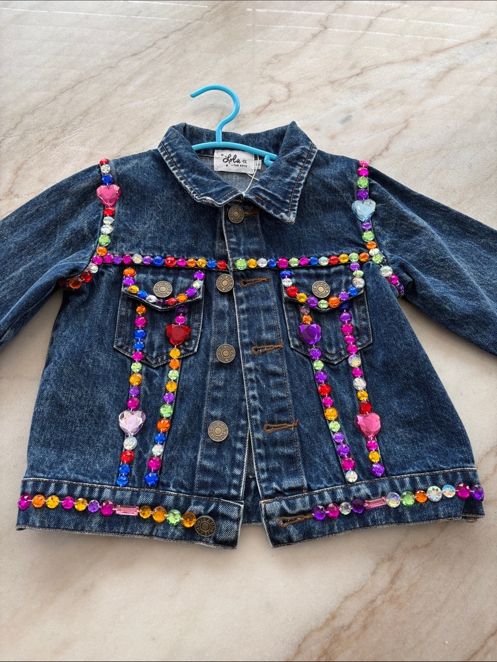 Lola + The Boys Dark Blue Denim Jacket with Bright Multicolor Gem Embellishments